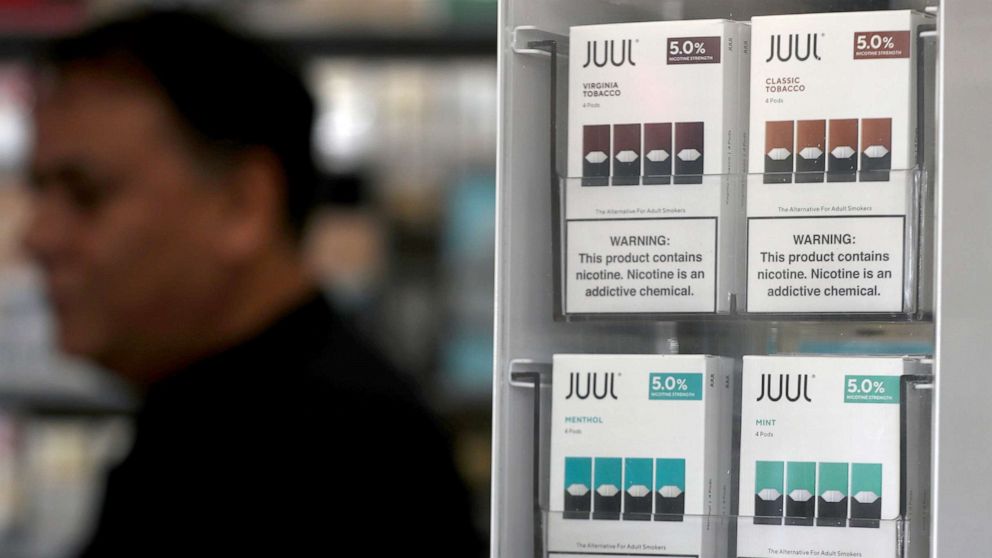 PHOTO: Packages of Juul e-cigarettes are displayed at a shop, Nov. 7, 2019, in San Rafael, Calif.