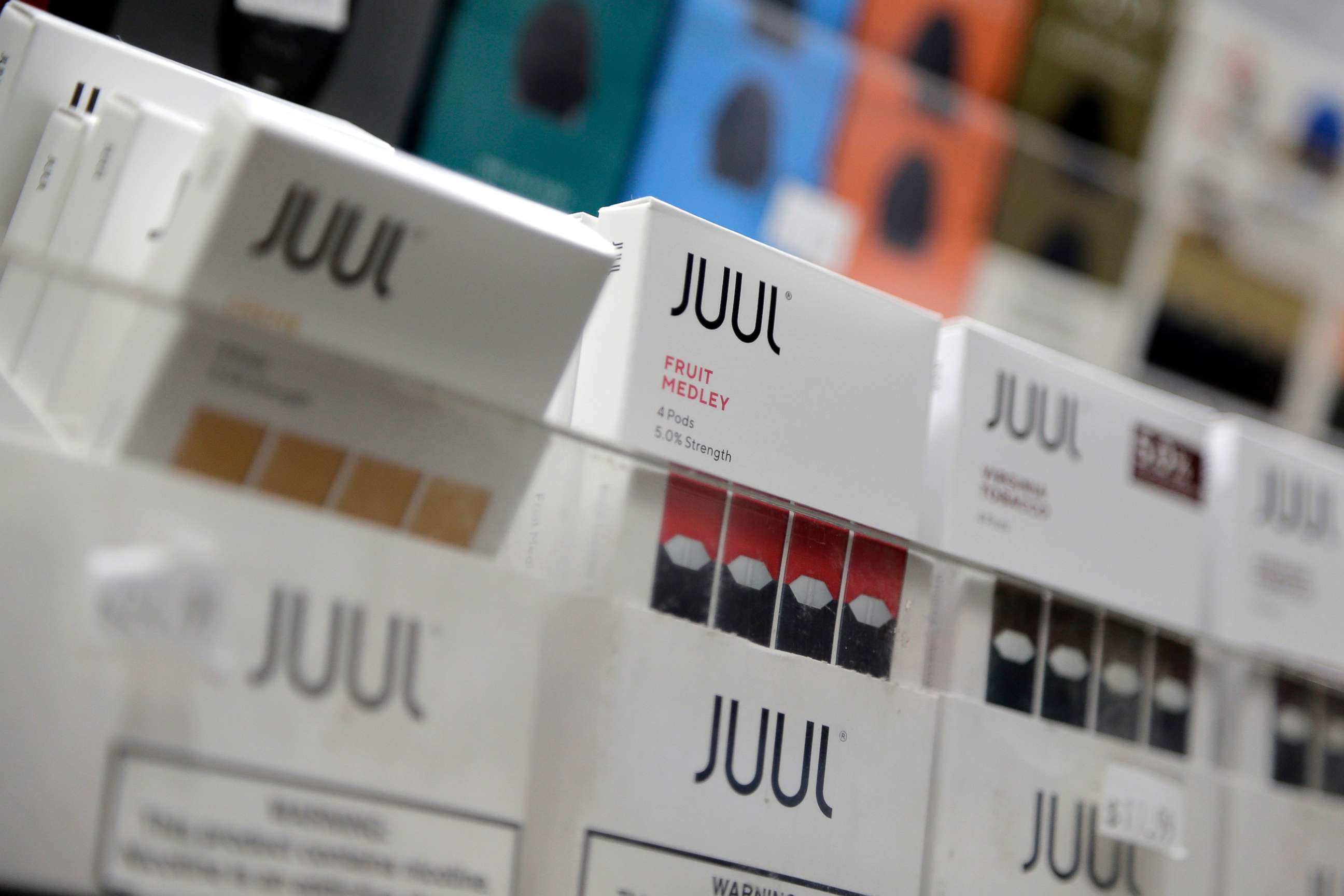 PHOTO: Juul products are displayed at a smoke shop in New York City, Dec. 20, 2018.