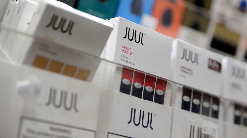 PHOTO: Juul products are displayed at a smoke shop in New York City, Dec. 20, 2018.