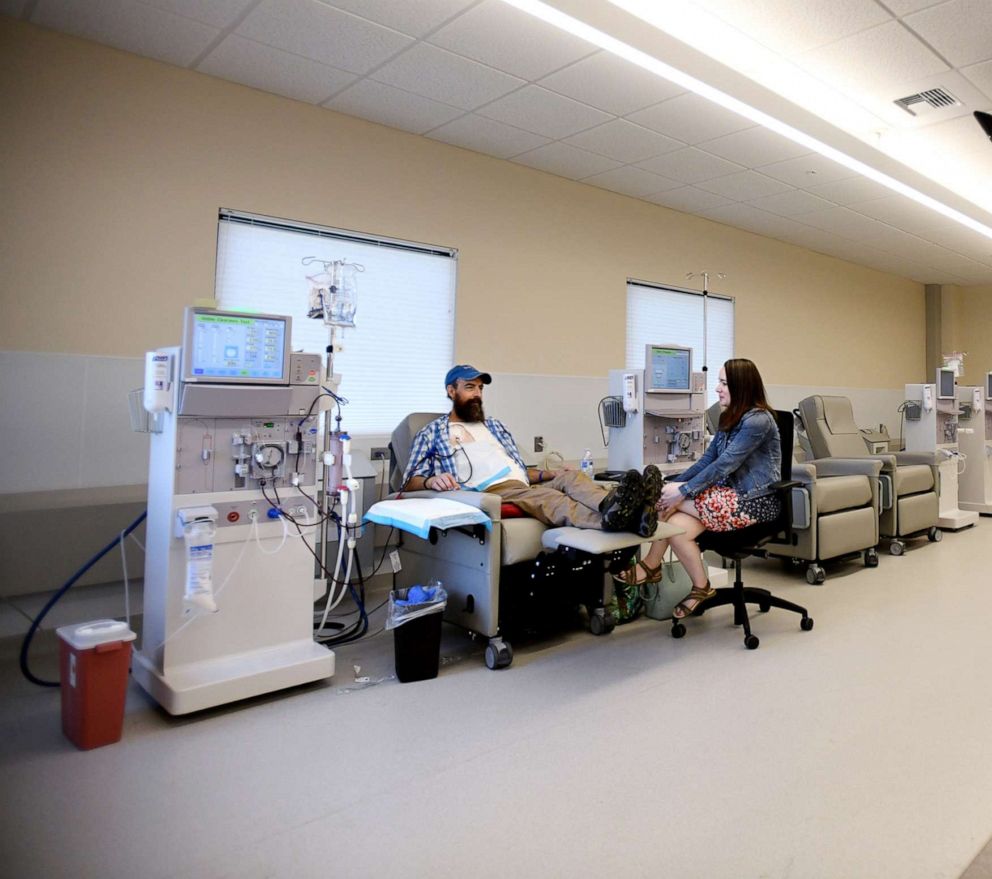 PHOTO:Sovereign Valentine and his wife, Jessica, wait for a dialysis machine to filter his blood. Before finding a dialysis clinic in their insurance network, the Valentines were charged more than half a million dollars for 14 weeks of the treatment.