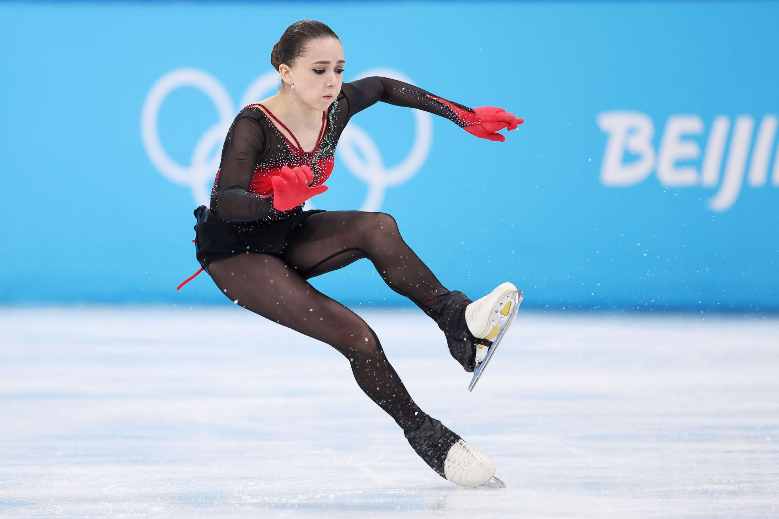 PHOTO: Kamila Valieva of Team ROC falls during the Women Single Skating Free Skating on day thirteen of the Beijing 2022 Winter Olympic Games at Capital Indoor Stadium on Feb. 17, 2022 in Beijing.