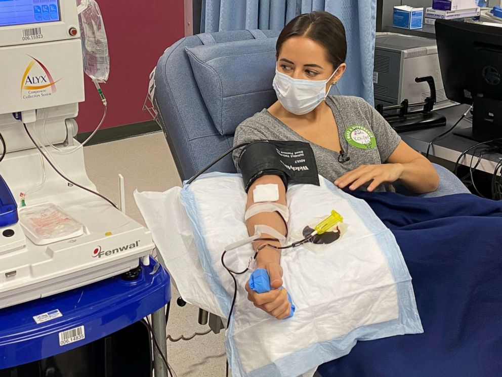 PHOTO: ABC News correspondent Kaylee Hartung donates convalescent plasma at the Red Cross after recovering from COVID-19, in Los Angeles, April 22, 2020.