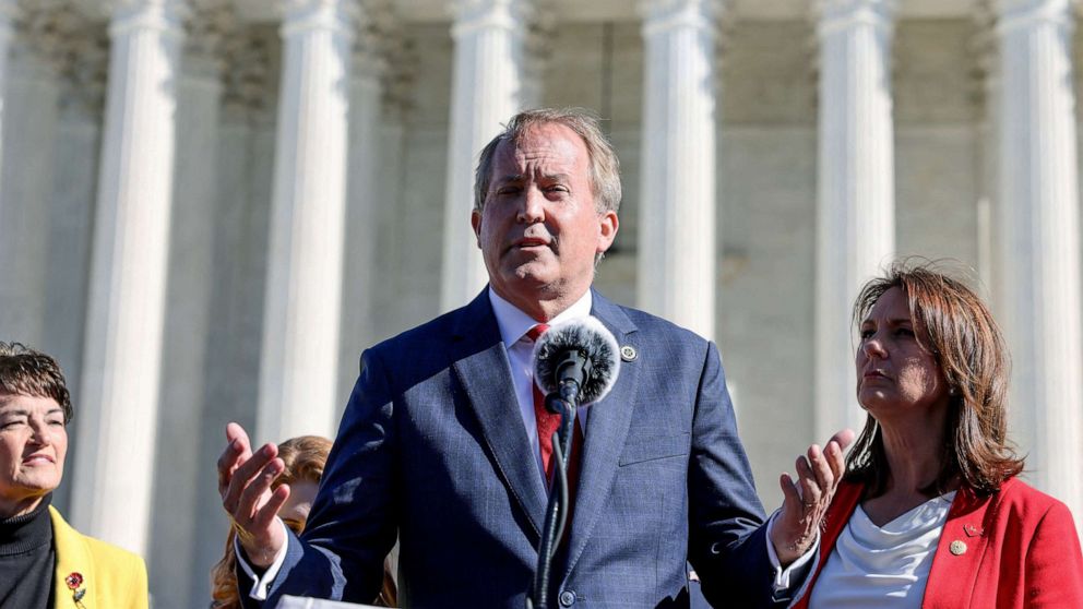 PHOTO: Texas Attorney General Ken Paxton speaks to anti-abortion supporters outside the U.S. Supreme Court following arguments over a challenge to a Texas law that bans abortion after six weeks in Washington, D.C., Nov. 1, 2021.