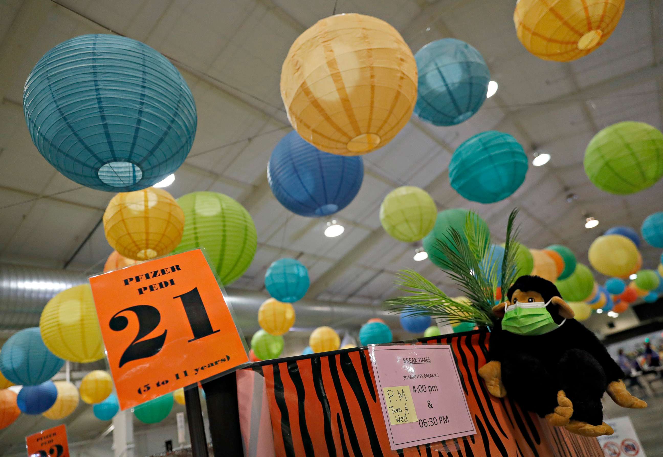 PHOTO: Colorful lanterns are seen as COVID-19 vaccinations are administered to children five and under at the Santa Clara County Fairgrounds in San Jose, Calif. on June 21, 2022.