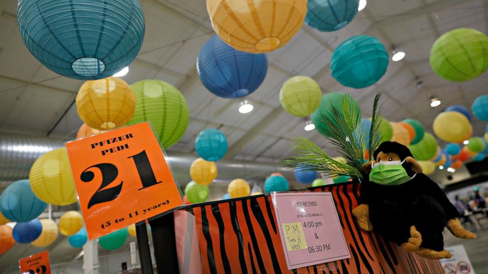PHOTO: Colorful lanterns are seen as COVID-19 vaccinations are administered to children five and under at the Santa Clara County Fairgrounds in San Jose, Calif. on June 21, 2022.