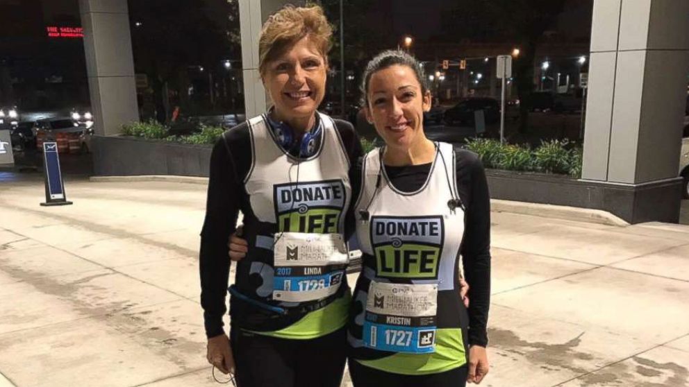 Kristin Marx ran the Milwaukee Half-Marathon on Oct. 15, 2017. Marx had a heart transplant in 2001. She was joined in the marathon by her mother-in-law, Linda Marx, left, as well as her cardiac-care team.