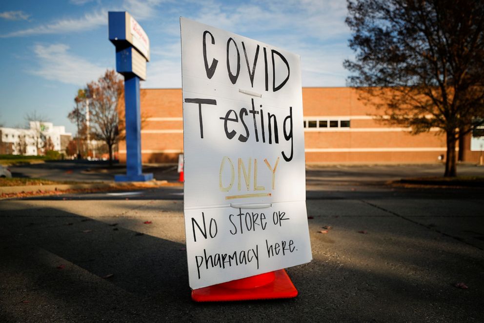 PHOTO: A sign informing people of COVID-19 testing sits in front of  Walgreens in Lexington, Ky., Nov. 13, 2020.