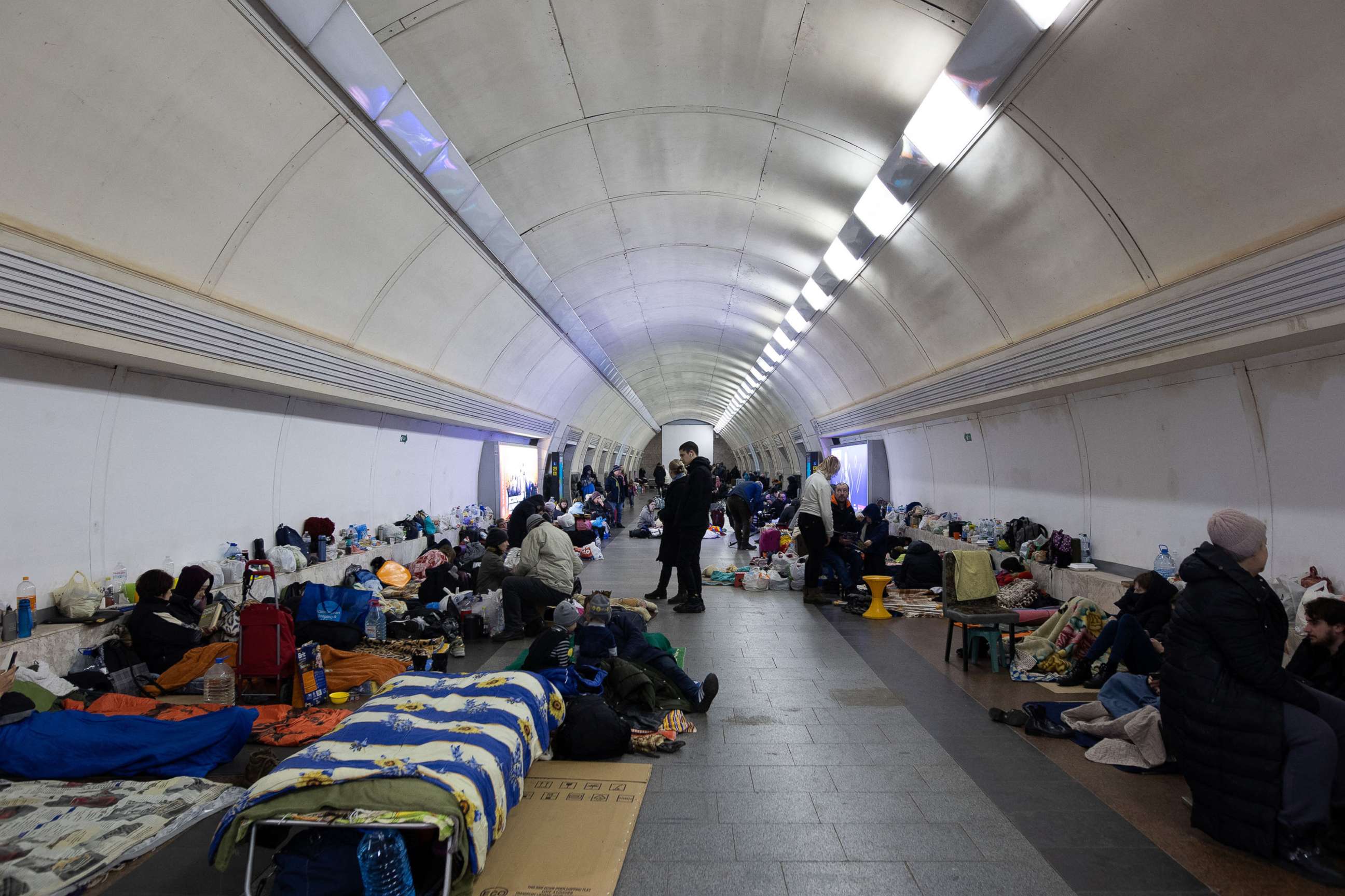 PHOTO: People stay in an underground metro station used as bomb shelter in Kyiv, Ukraine, on March 2, 2022.