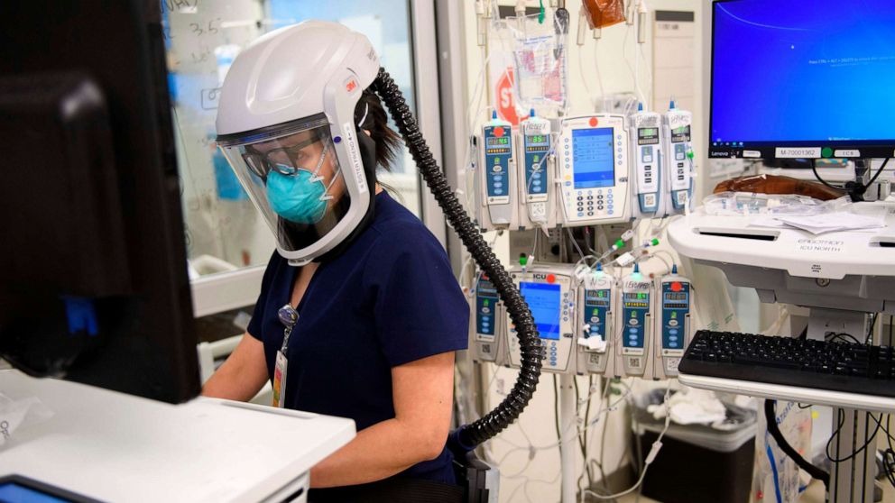 PHOTO: TOPSHOT - A nurse wearing personal protective equipment, including a personal air purifying respirator, works in a COVID-19 ICU at Martin Luther King Jr. Community Hospital on Jan. 6, 2021, in the Willowbrook neighborhood of Los Angeles.