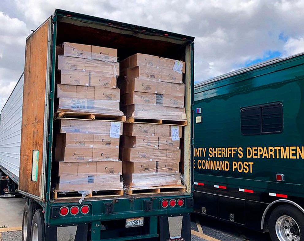 PHOTO: Posted by the Los Angeles County Sheriff's Office, March 23, 2020, a truckload of N-95 masks the department is delivering to local first responder police agencies and to a county medical supply hub.