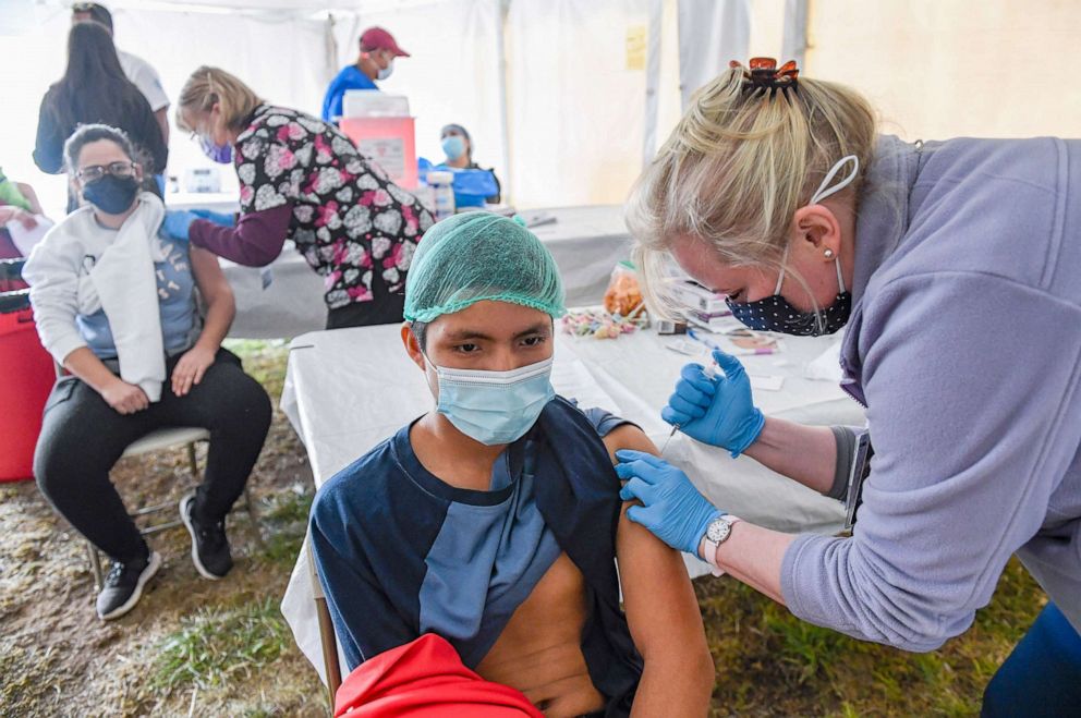 PHOTO: Jose Perez Morales, recieves a dose of COVID-19 vaccine in Blandon, Pa., April 14, 2021. The effort was a collaboration between the Latino Connection, the Pa. Department of Health, Highmark Blue Shield, and the Independence Blue Cross Foundation. 