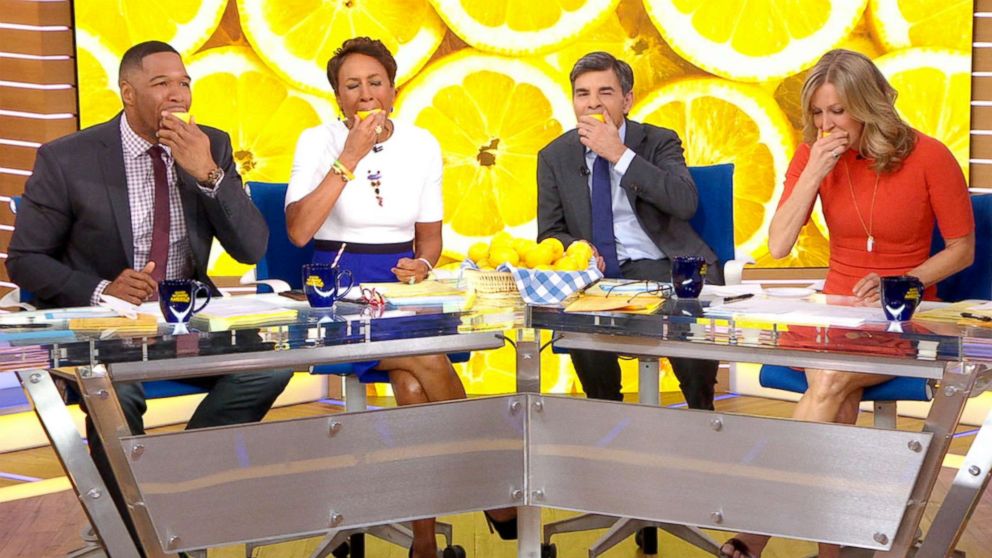 PHOTO:  The "Good Morning America" anchors take part in the "Lemons for Leukemia Challenge," a social media campaign to raise awareness about bone marrow donation. 
