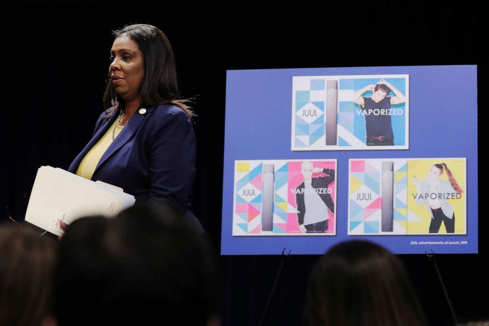 PHOTO: New York State Attorney General, Letitia James, arrives to announce a lawsuit by the state of New York against e-cigarette maker Juul Labs Inc in New York, Nov. 19, 2019.