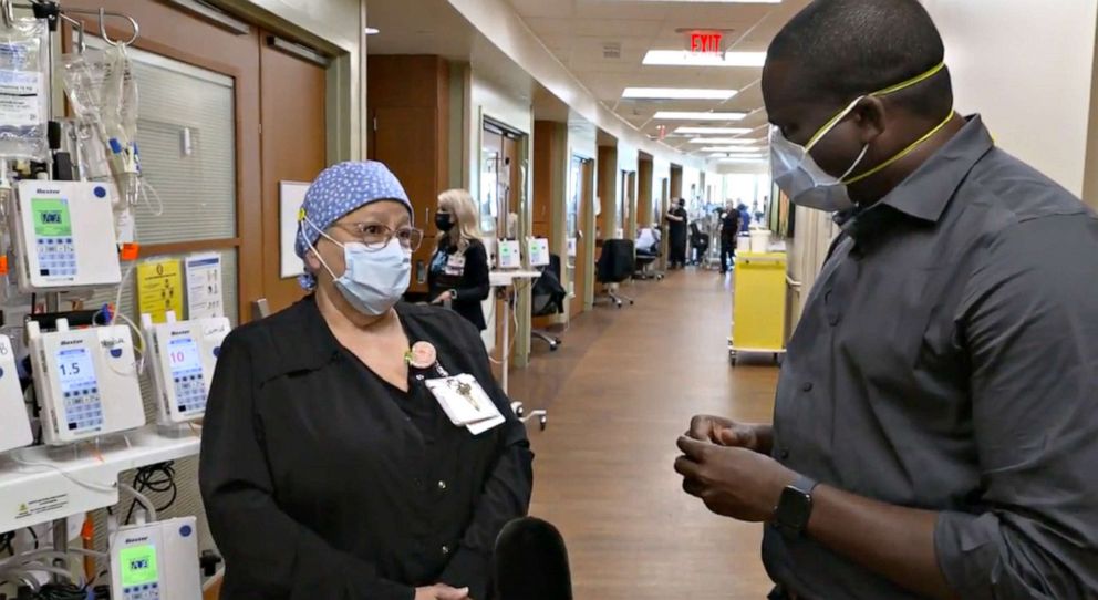 PHOTO: Yolanda Leyva, Program Manager for ECMO at University of Texas Medical Branch's Jennie Sealy Hospital speaks with ABC News' Marcus Moore in the hospital's intensive care unit.