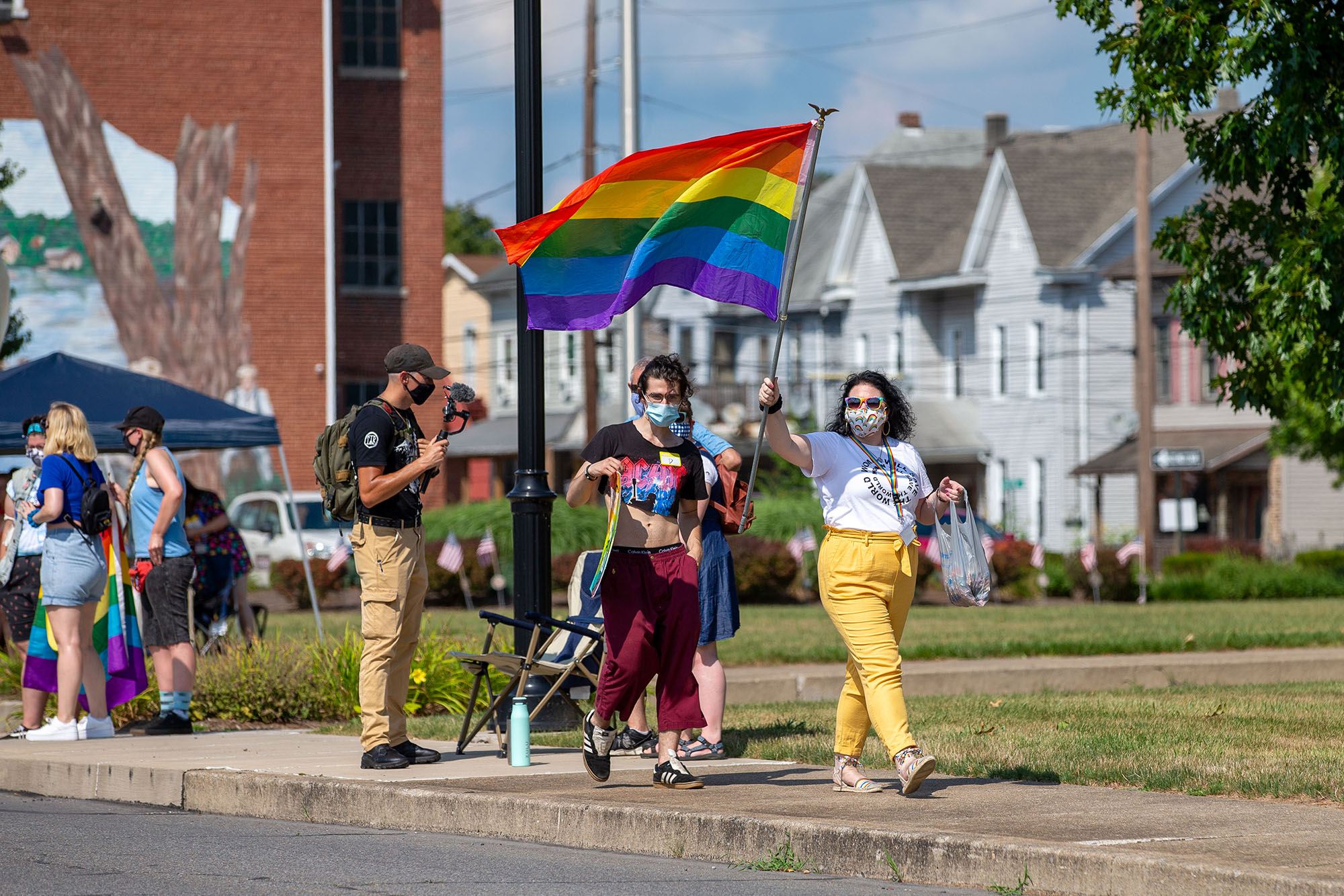 PHOTO: A rainbow flag is waved during the Pride Rally in Milton, Pa., Aug. 8, 2020. 