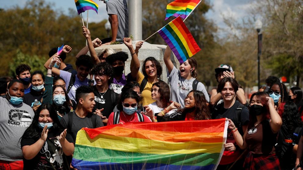 PHOTO: In this March 3, 2022 file photo, Hillsborough High School students protest a Republican-backed bill dubbed the "Don't Say Gay" that would prohibit classroom discussion of sexual orientation and gender identity, in Tampa, Fla.