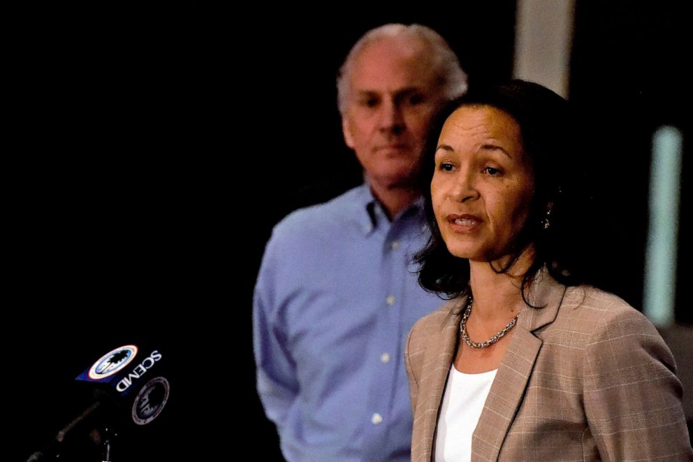 PHOTO: In this April 3, 2020, file photo, state epidemiologist Linda Bellbspeaks as South Carolina Gov. Henry McMaster, left, listens during a COVID-19 briefing in West Columbia, S.C.