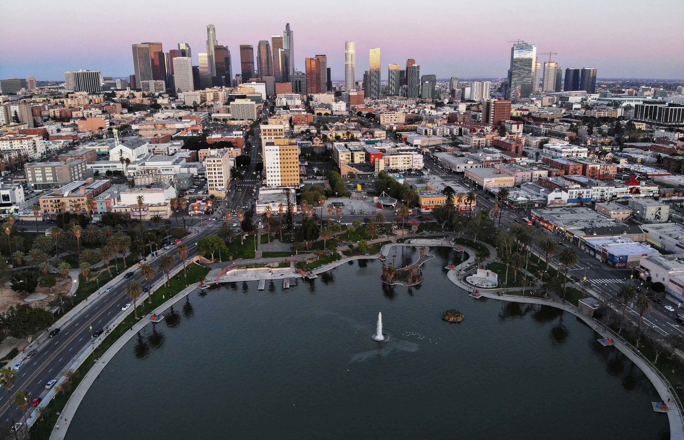 PHOTO: An aerial view shows MacArthur Park and downtown in the midst of the coronavirus pandemic, on April 15, 2020, in Los Angeles.