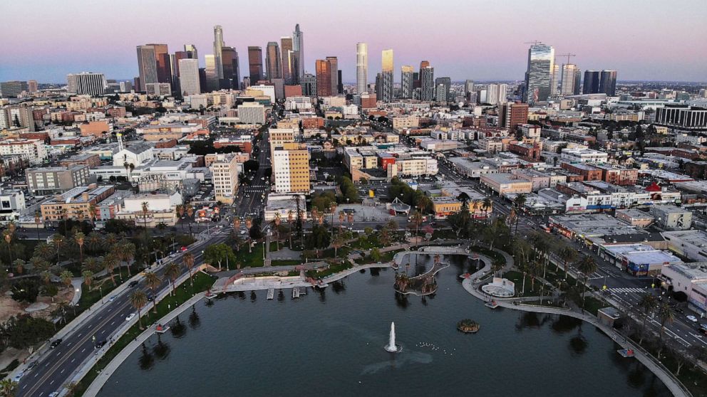 PHOTO: An aerial view shows MacArthur Park and downtown in the midst of the coronavirus pandemic, on April 15, 2020, in Los Angeles.