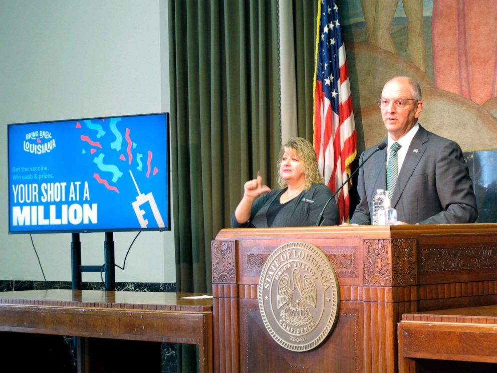 PHOTO: Louisiana Gov. John Bel Edwards recommends that his state's residents return to wearing masks indoors, whether they are vaccinated against COVID-19 or not, July 23, 2021, in Baton Rouge, La. 