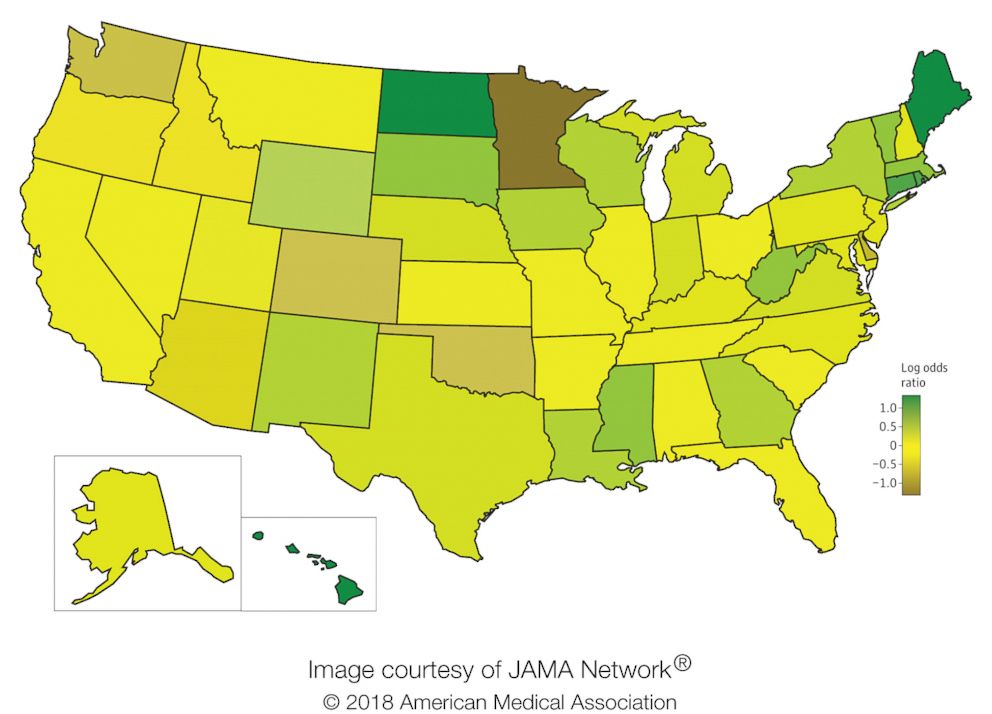 PHOTO: Colors on this United States map represent relative risk of fatal traffic crashes on April 20 compared with control days 1 week earlier and later.