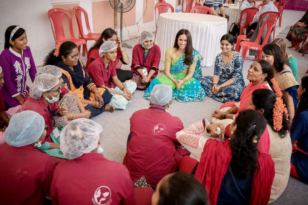 PHOTO: Meghan Markle speaks with women in India on a visit with the Myna Mahila Foundation.