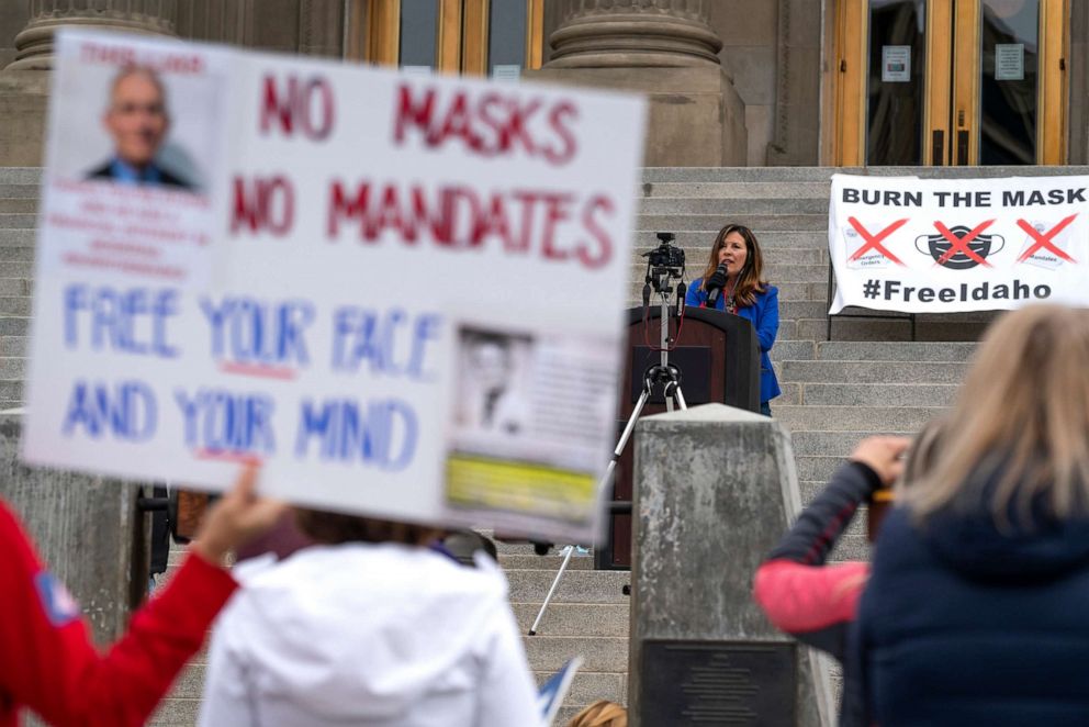 PHOTO: Idaho Lieutenant Governor Janice McGeachin speaks during a mask burning event at the Idaho Statehouse, March 6, 2021, in Boise, Idaho.