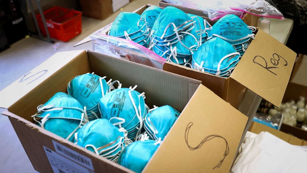 PHOTO: Boxes of N95 protective masks for use by medical field personnel are seen at a New York State emergency operations incident command center during the coronavirus outbreak in New Rochelle, New York, March 17, 2020.