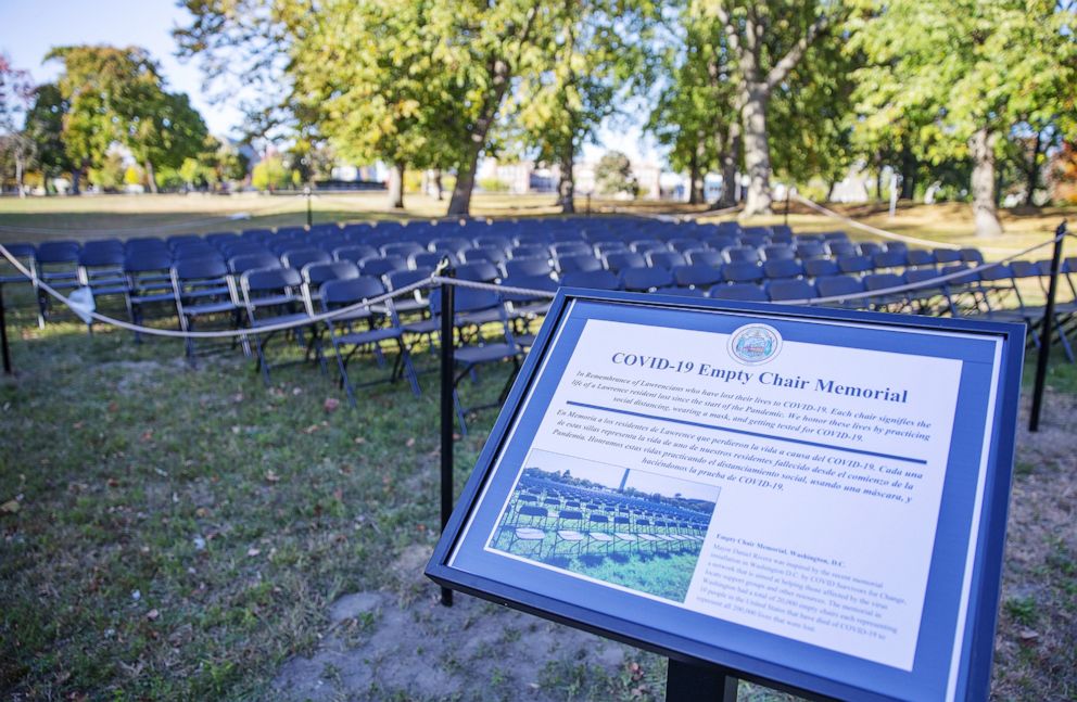 PHOTO: 144 empty chairs make up a memorial to victims of COVID-19 on Campagnone Common Park in Lawrence, Mass., Oct. 15, 2020.