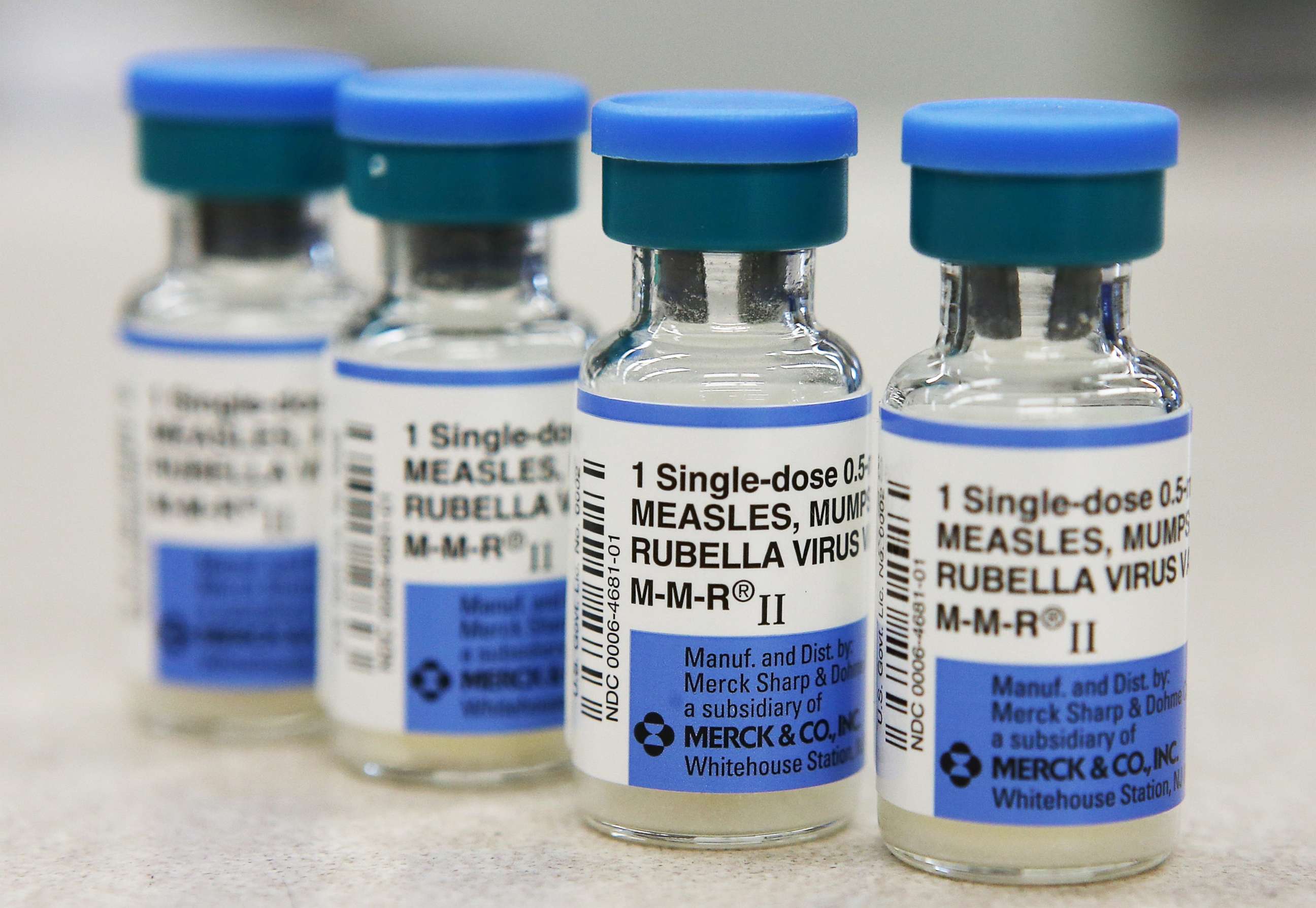 PHOTO: In this January 26, 2015, file photo, vials of measles, mumps and rubella vaccine are displayed on a counter at a Walgreens Pharmacy in Mill Valley, Calif.