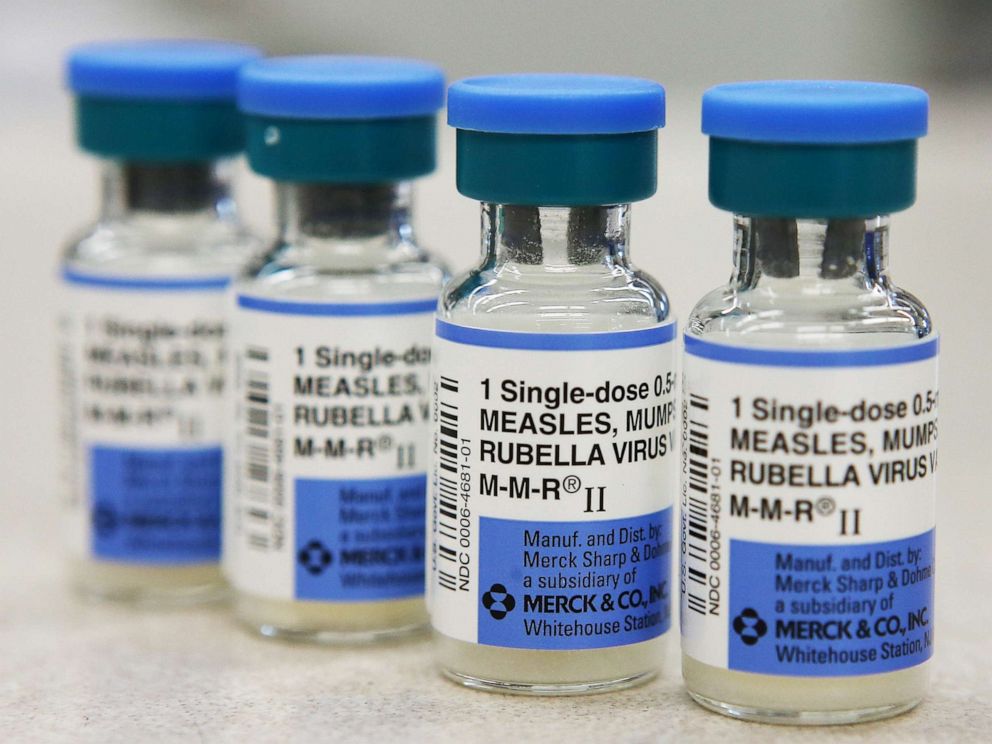 PHOTO: In this January 26, 2015, file photo, vials of measles, mumps and rubella vaccine are displayed on a counter at a Walgreens Pharmacy in Mill Valley, Calif.