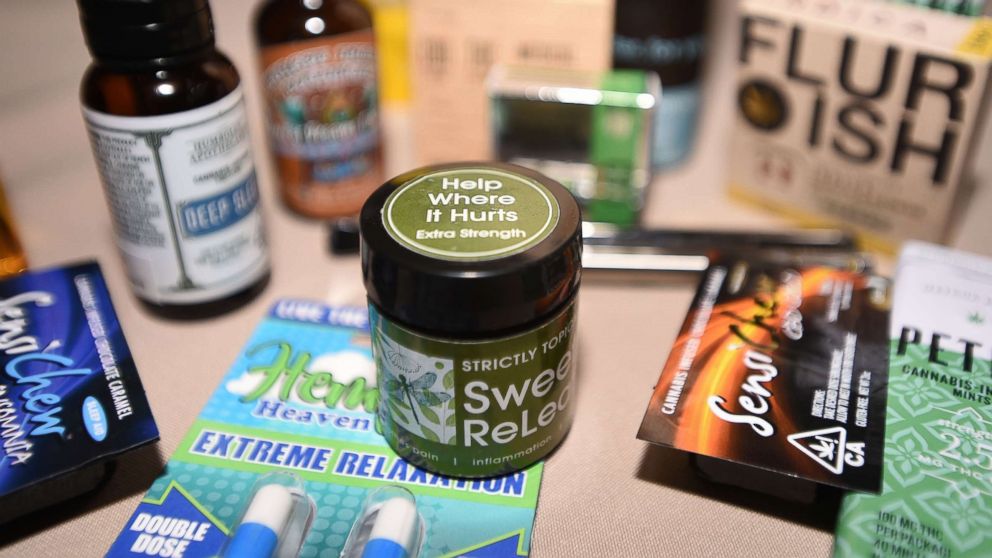 Medical marijuana products are displayed at a cannabis event in Brentwood,  Calif., June, 21, 2018.