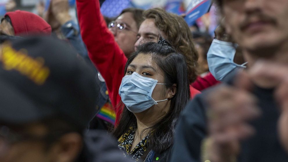 PHOTO: Supporters wear medical masks, as fears of coronavirus increase in California, during a campaign rally for presidential candidate Sen. Bernie Sanders at the Los Angeles Convention Center on March 1, 2020.