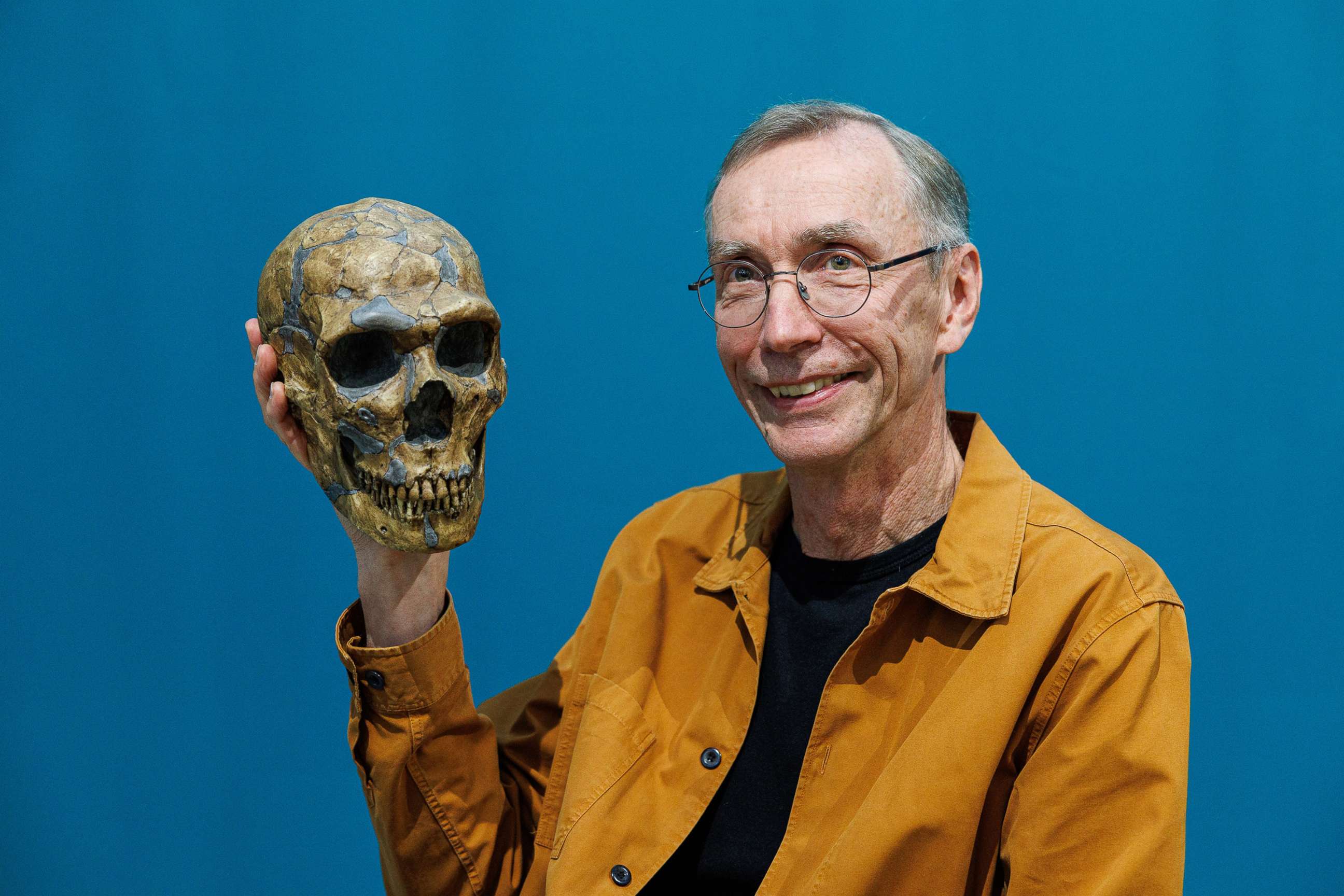 PHOTO: Svante Paabo, holds a model of a Neanderthal skeleton at the end of a press conference, after he won the Nobel Prize in Physiology or Medicine on Oct. 3, 2022 in Leipzig, Germany. 