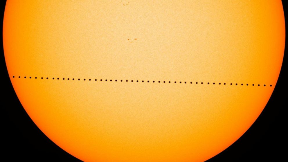 PHOTO: A time-lapse image provided by NASA, shows the tiny dot of Mercury sliding across the sun the during the transit of Mercury on May 9, 2016. On Monday, Nov. 11, 2019, the planet Mercury will make another transit across the sun.