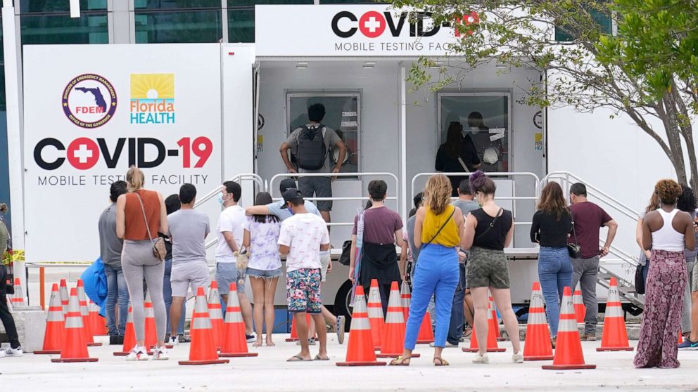 PHOTO: People line up at a COVID-19 rapid test site on Nov. 7, 2020 in Miami Beach, Fla.
