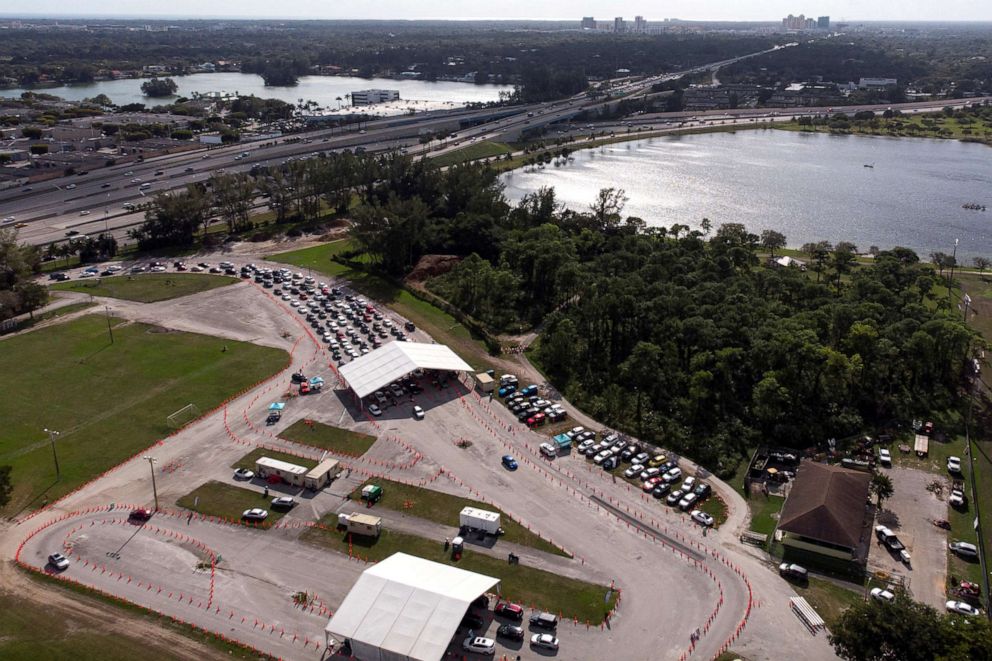 PHOTO: Cars wait in line at a COVID-19 drive-through testing site at Tropical Park, in Miami, Dec. 17, 2021.
