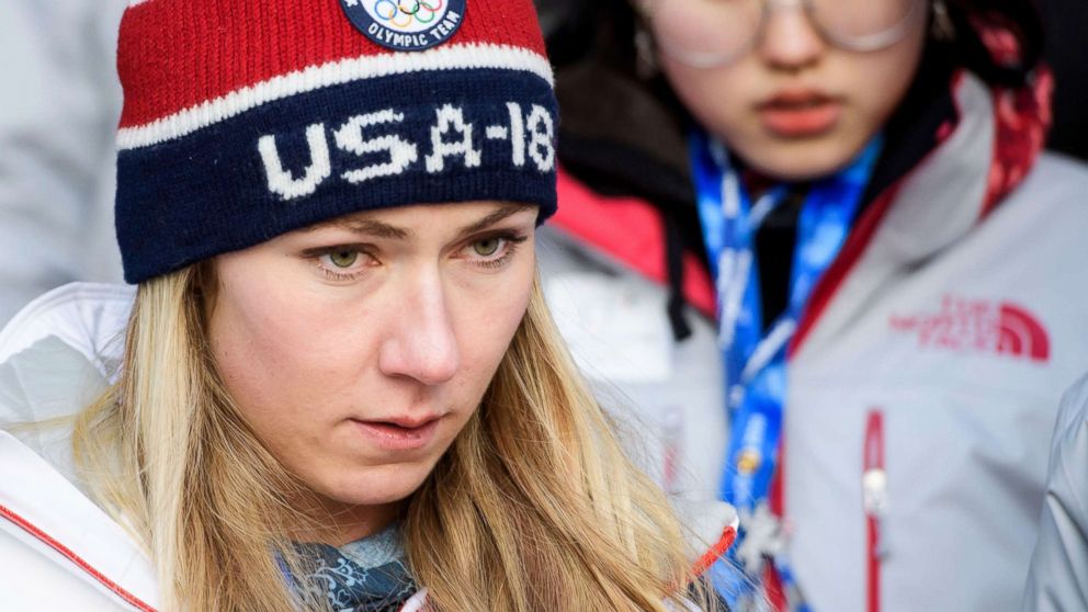Mikaela Shiffrin reacts after the second run of the women's slalom race at the Yongpyong Alpine Centre during the Pyeongchang 2018 Olympic Games in South Korea on Feb. 16,018.
