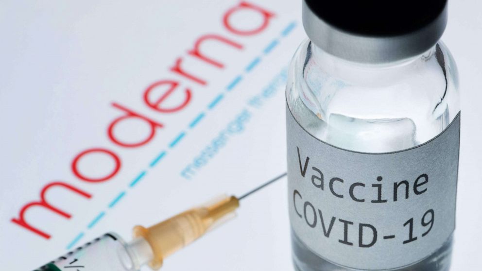 PHOTO: Syringe and bottle reading "Vaccine COVID-19" next to the Moderna biotech company logo, Nov. 18, 2020.