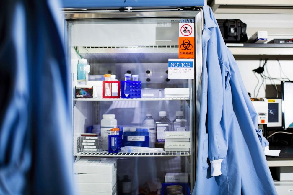 PHOTO: Chemicals sit inside a refrigerator at the Moderna Therapeutics Inc. lab in Cambridge, Massachusetts, Nov. 14, 2017.