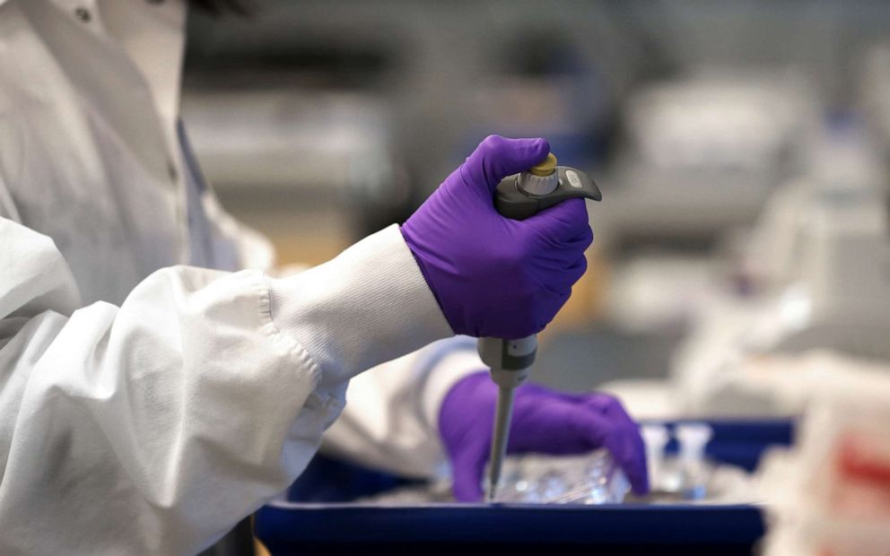 PHOTO: Scientist Xinhua Yan works in the lab at Moderna in Cambridge, MA, Feb. 28, 2020.