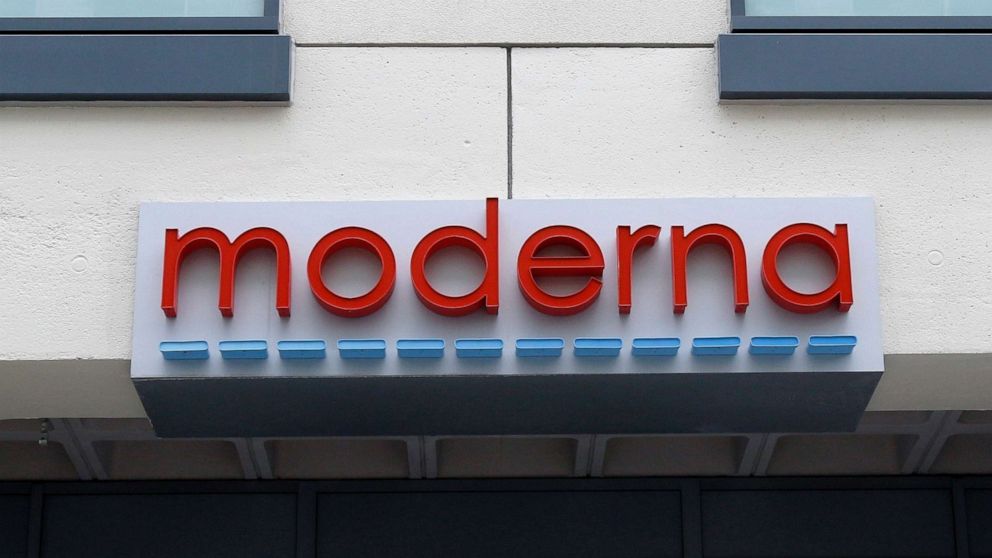 PHOTO: In this Monday, May 18, 2020, file photo, a sign marks an entrance to a Moderna, Inc., building, in Cambridge, Mass. 