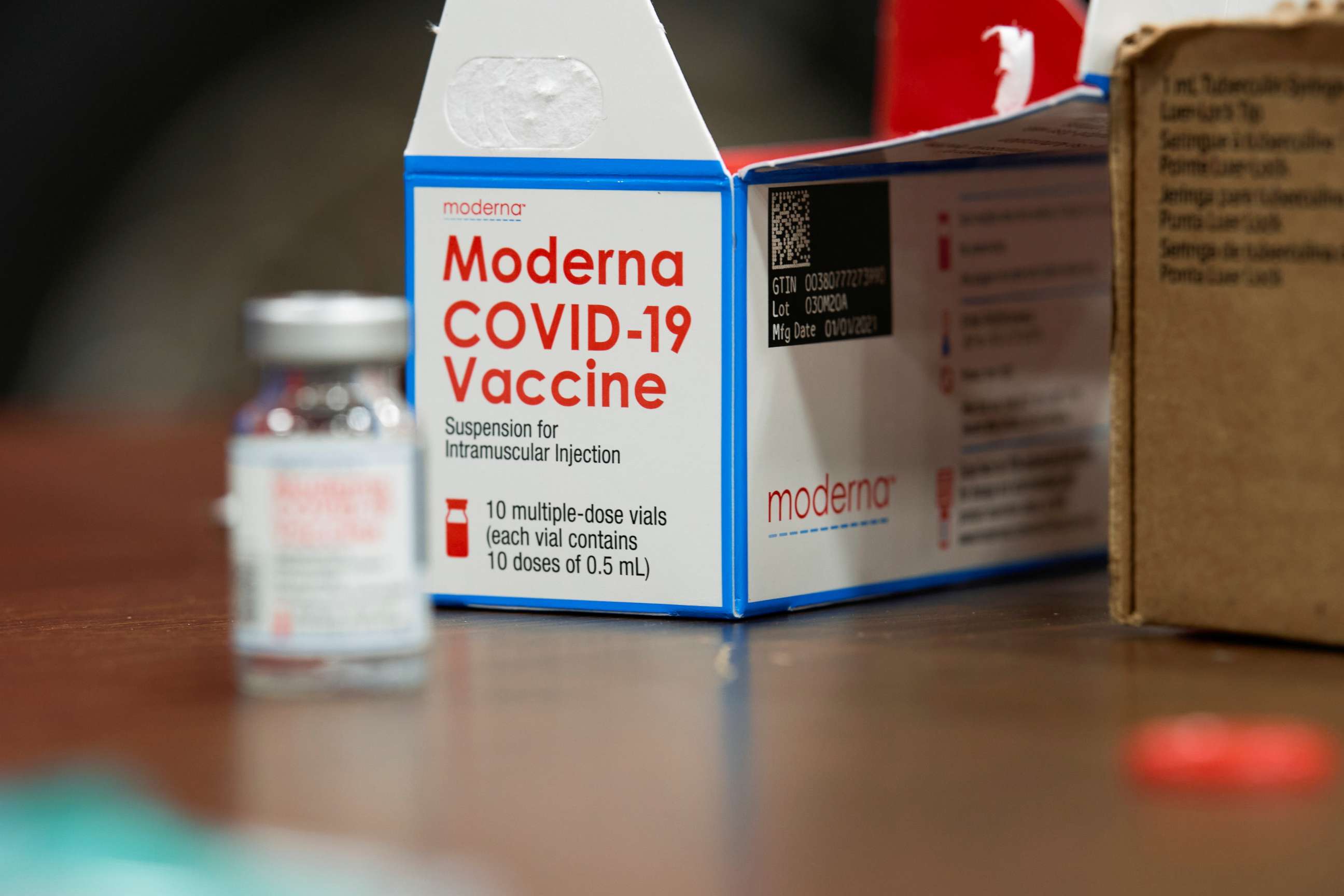 PHOTO: A detail view of a Moderna COVID-19 vaccine box at a vaccination site at the Esports Stadium Arlington & Expo Center in Arlington, Texas, Feb. 12, 2021.