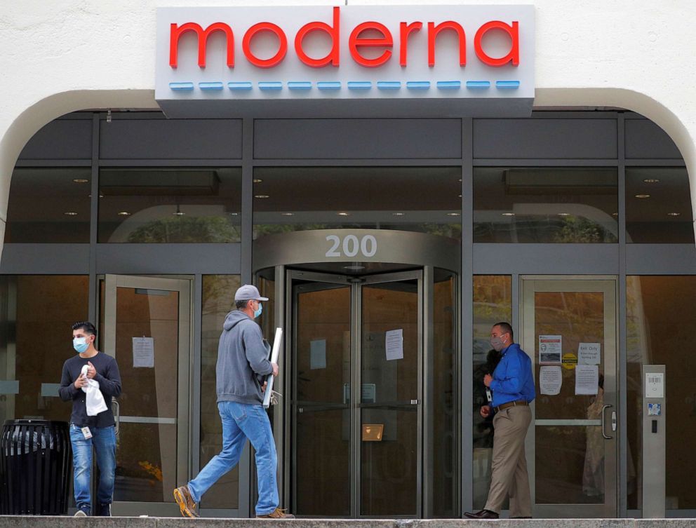 PHOTO: A sign marks the headquarters of Moderna Therapeutics, which is developing a vaccine against COVID-19, in Cambridge, Mass., on May 18, 2020.