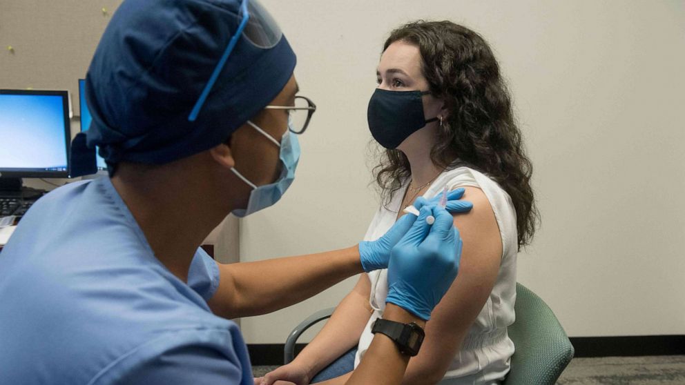PHOTO: In this file photo taken on Aug. 5, 2020, in this image courtesy of the Henry Ford Health System, volunteers are given the Moderna mRNA-1273 Coronavirus Efficacy, in Detroit.