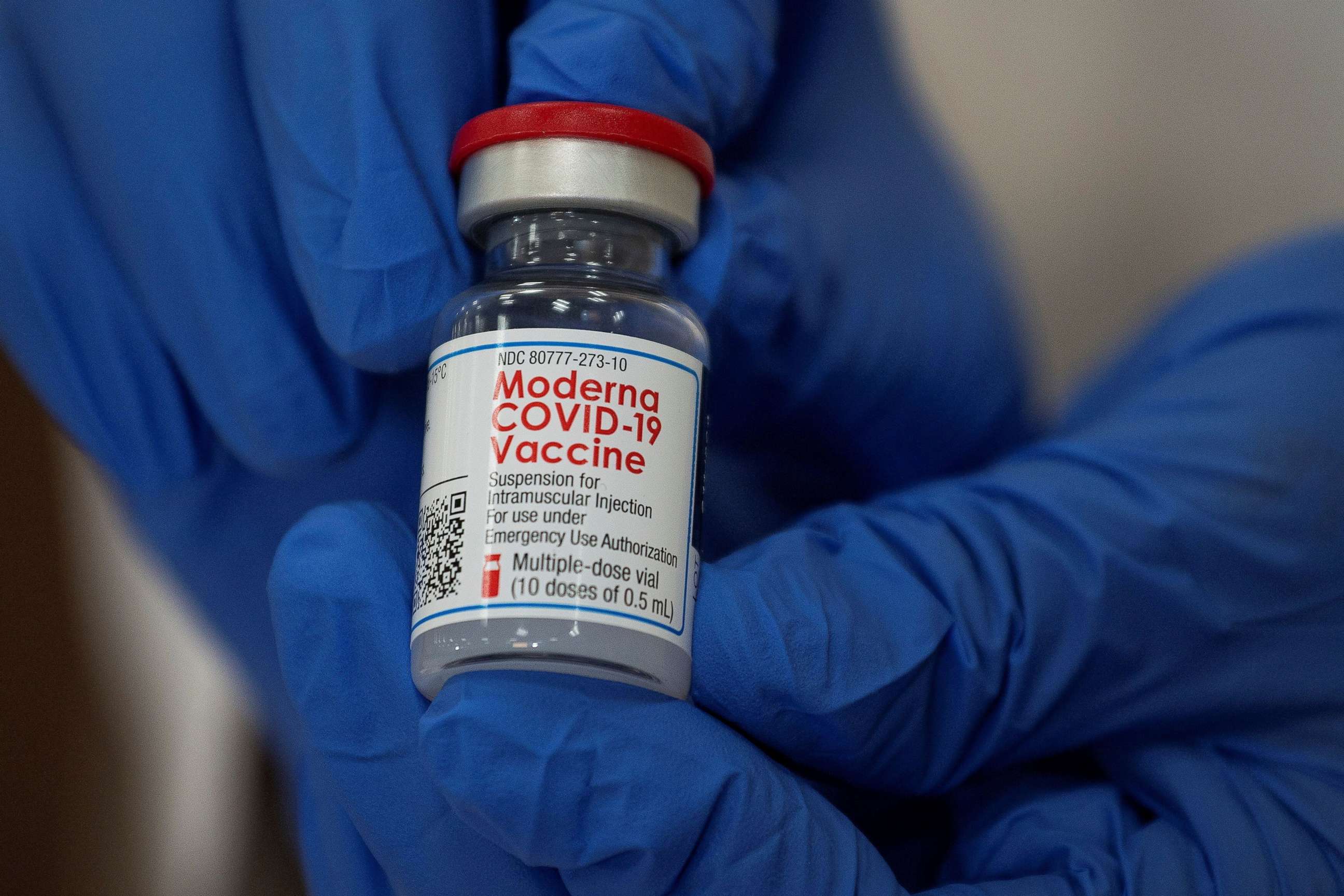 PHOTO: A nurse shows the Moderna COVID-19 vaccine at Northwell Health's Long Island Jewish Valley Stream hospital in New York, Dec. 21, 2020.