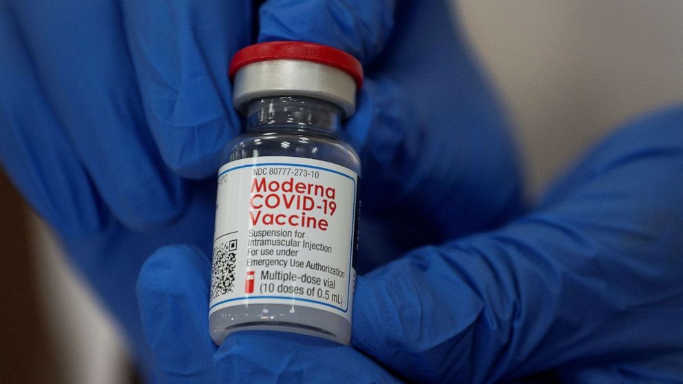 PHOTO: A nurse shows the Moderna COVID-19 vaccine at Northwell Health's Long Island Jewish Valley Stream hospital in New York, Dec. 21, 2020.