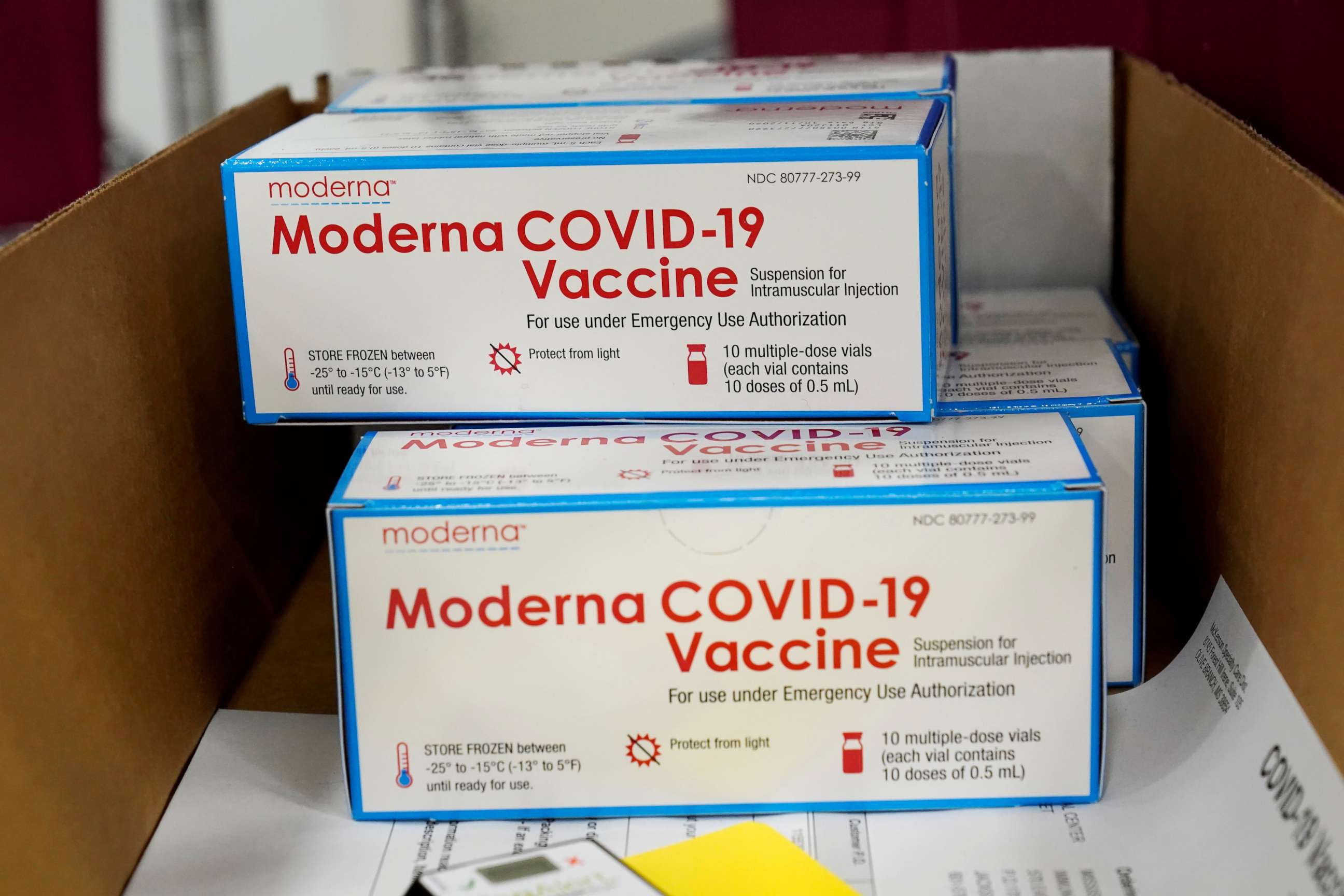 PHOTO: Boxes containing the Moderna COVID-19 vaccine are prepared to be shipped at the McKesson distribution center in Olive Branch, Miss., Dec. 20, 2020.