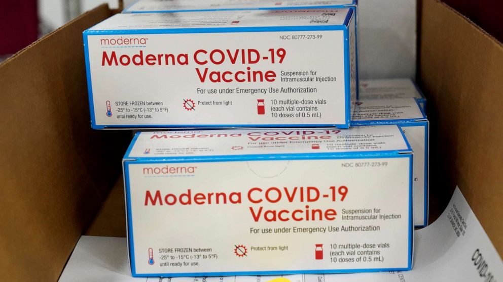 PHOTO: Boxes containing the Moderna COVID-19 vaccine are prepared to be shipped at the McKesson distribution center in Olive Branch, Miss., Dec. 20, 2020.