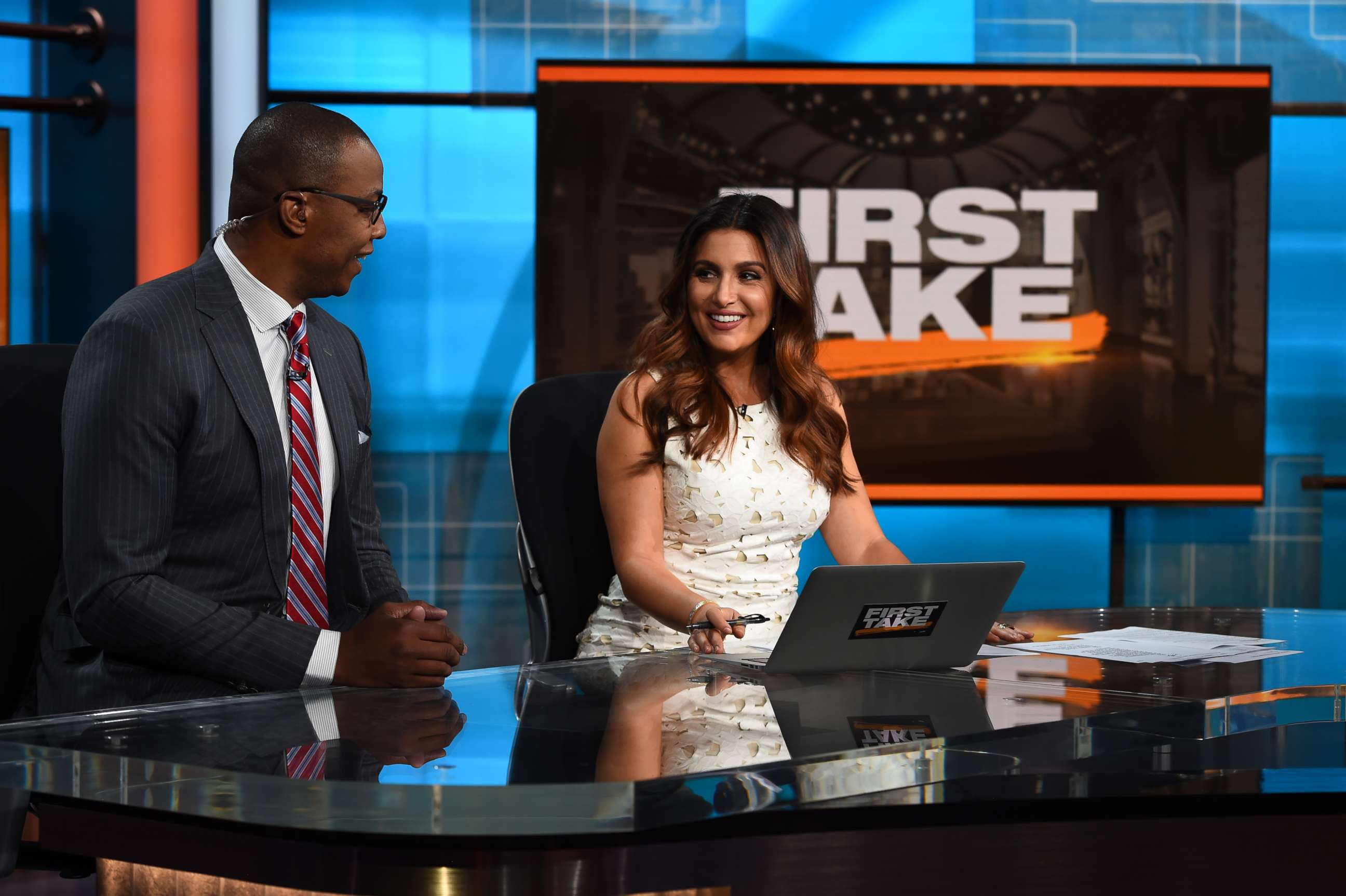 PHOTO: Caron Butler and Molly Qerim on the set of First Take.
